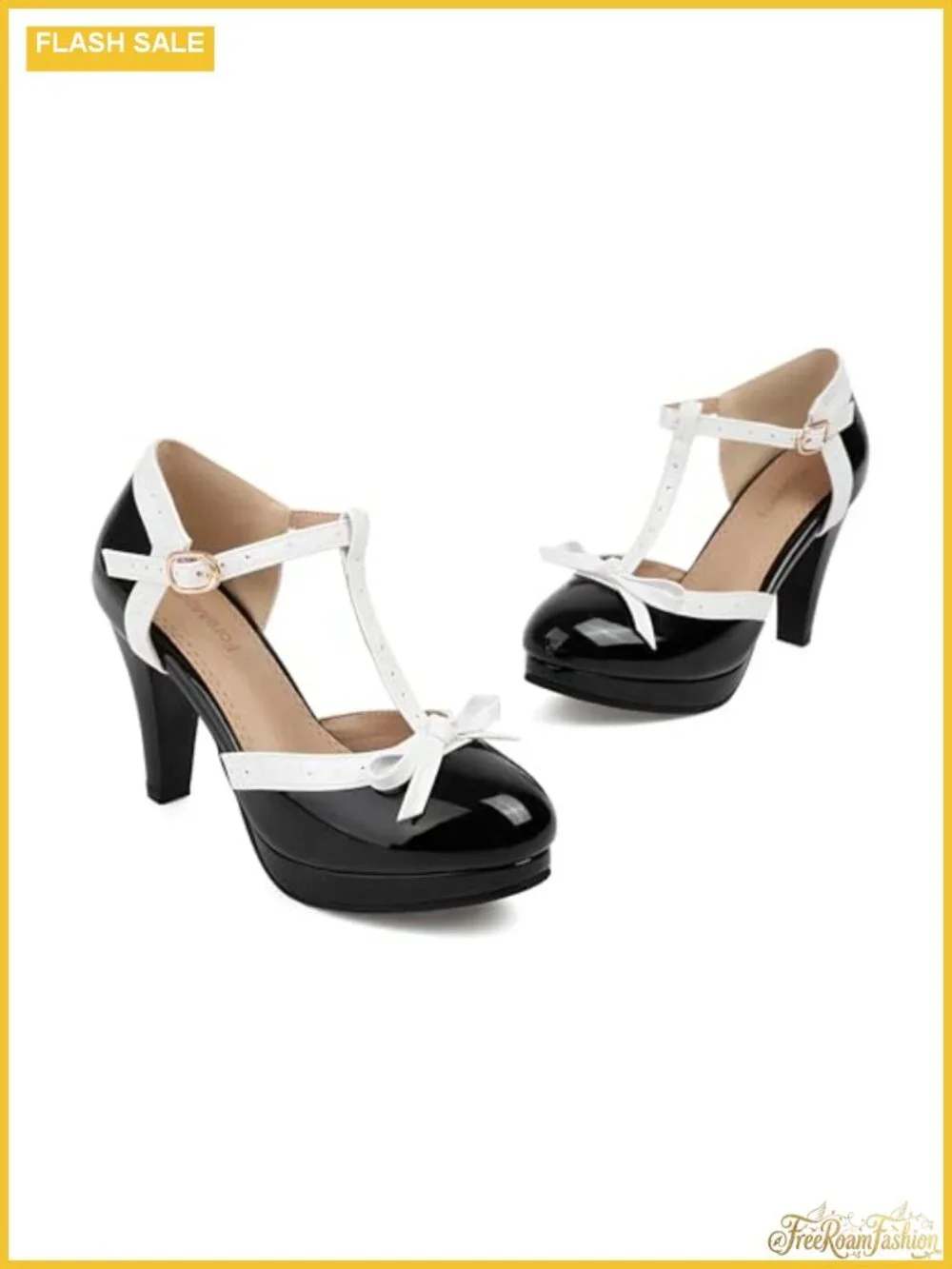 Women's T-Strap High Heel Bow Platform Pumps PU Leather Round Toe